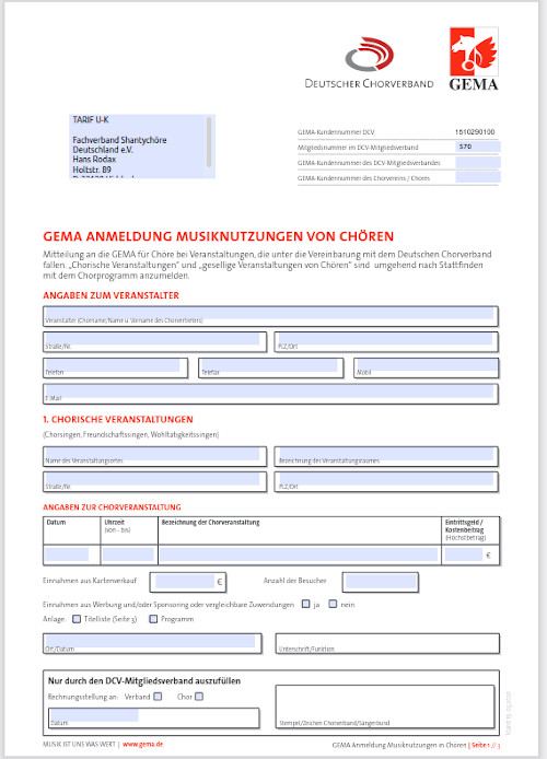 GEMA Anmeldung Musiknutzungen von Chören
ausfüllbares PDF Dokument für Adobe Reader