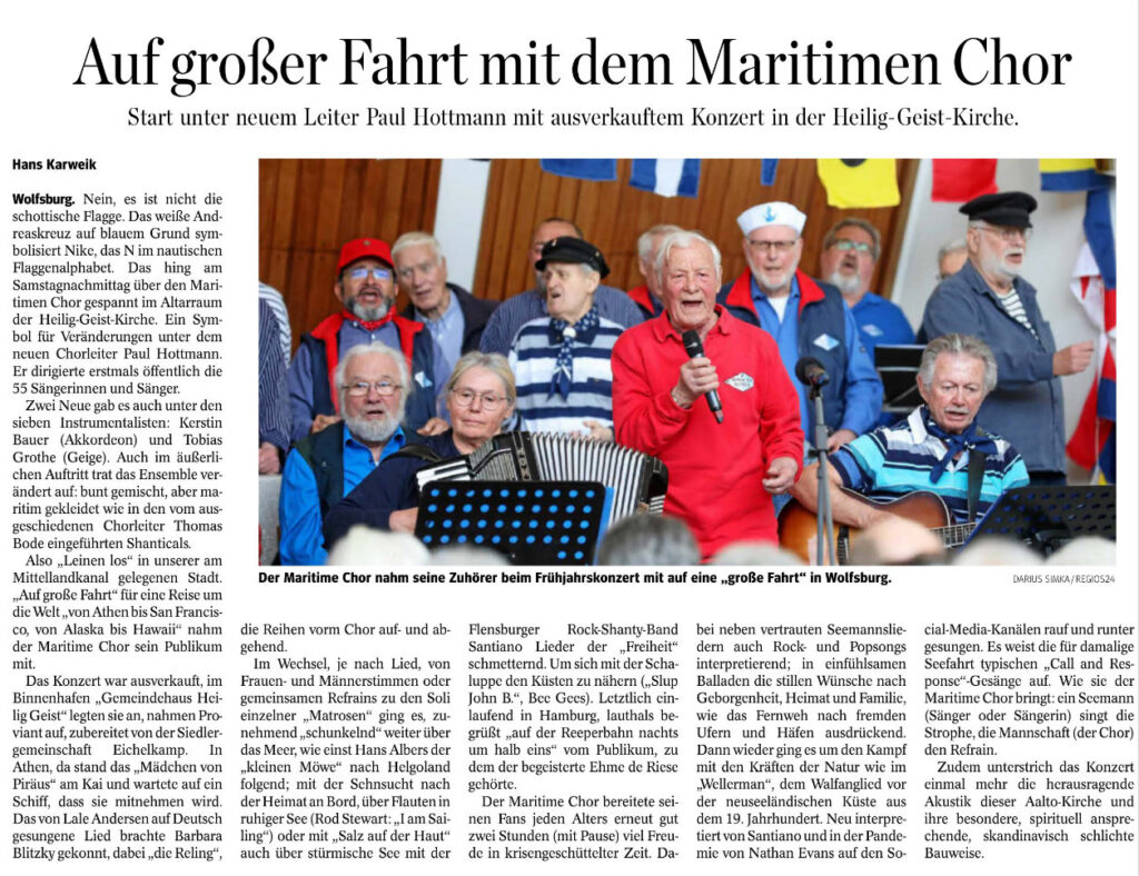Zeitungsbericht "Auf großer Fahrt mit dem Maritimen Chor"